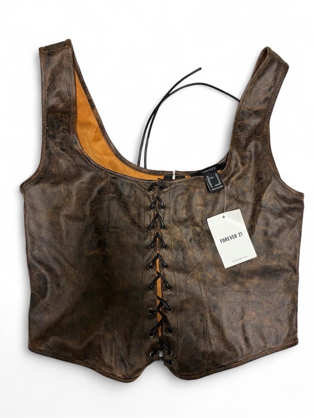 NWT Forever 21 Brown Faux-Leather Lace-Up Corset - size M